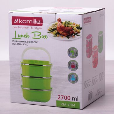 Ланч бокс потрійний Kamille Рожевий 2700мл для обідів з пластику та нержавіючої сталі KM-2114