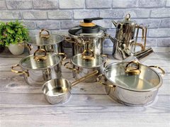 Набір кухонного посуду із 18 предметів, нерж.сталь., ручки сталеві, OMS Collection (Туреччина) 1087 золото