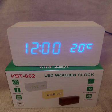 Настольные часы с термометром и будильником от сети и батареек VST VST-862-5 - синяя подсветка