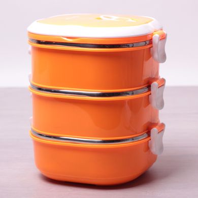 Ланч бокс тройной Kamille Оранжевый 2700мл для обедов из пластика и нержавеющей стали KM-2114