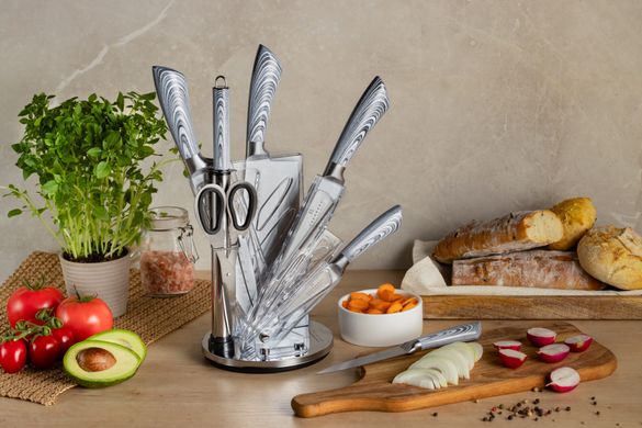 Набір ножів з топоріком, ножицями та мусатом Edenberg EB-914 - 8 пр/сірий