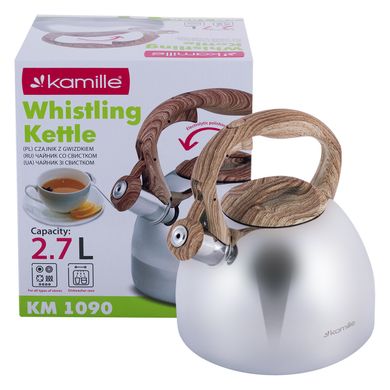 Чайник из нержавеющей стали со свистком Kamille KM-1090 - 2,7 л, ручка "под дерево"