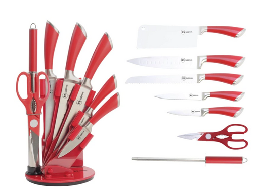Набір ножів з сокирою,ножицями та точилкою Rainstahl RS-KN 8002-08/червоні, Червоний