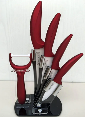Набор керамических ножей с овощечисткой на прозрачной подставке Royalty Line - 6пр/красный/бордо