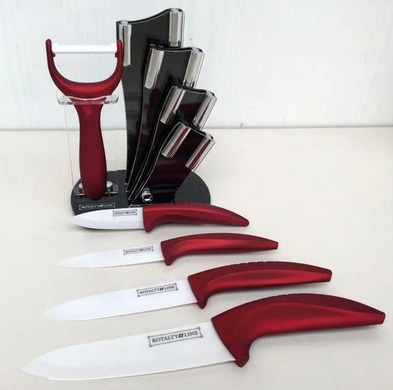 Набір керамічних ножів з овочечисткою на прозорій підставці Royalty Line - 6пр/червоний/бордо