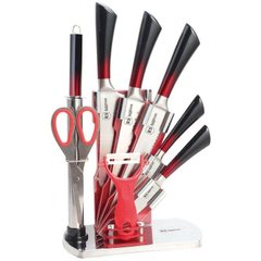 Набор ножей с топориком, ножницами, точилкой и керамической овощечисткой Rainstahl RS-KN 8004-09, Красный