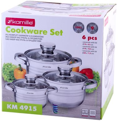 Набор кастрюль из нержавеющей стали для газа для приготовления пищи для индукции Kamille KM-4915 - 6 предметов