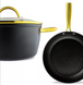Премиальный набор посуды черного цвета с золотистыми ручками кастрюли/сковородка/ковшик