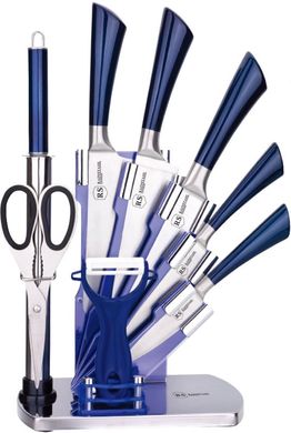 Набор ножей с топориком, ножницами, точилкой и керамической овощечисткой Rainstahl RS-KN 8005-09 синие, Синий