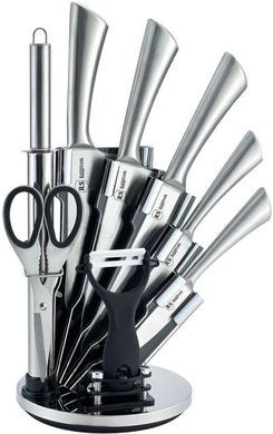 Набір ножів з сокиркою, ножицями, точилкою та керамічною овочечисткою Rainstahl RS-KN 8006-09, Сірий