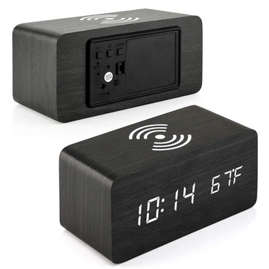 Черный деревянный настольный цифровой часы-будильник с беспроводной зарядкой и температурой - белая подсветка VST-889-6