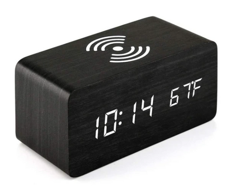 Черный деревянный настольный цифровой часы-будильник с беспроводной зарядкой и температурой - белая подсветка VST-889-6