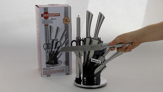 Набір ножів з сокиркою, ножицями, точилкою та керамічною овочечисткою Rainstahl RS-KN 8006-09, Сірий