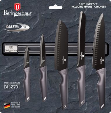 Набір ножів із магнітною планкою Berlinger Haus Metallic Line Carbon Pro Edition BH-2701 - 6 предметів