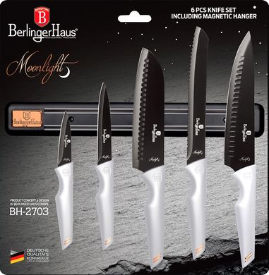 Набор ножей с магнитной планкой Berlinger Haus Moonlight Collection BH-2703 - 6 предметов