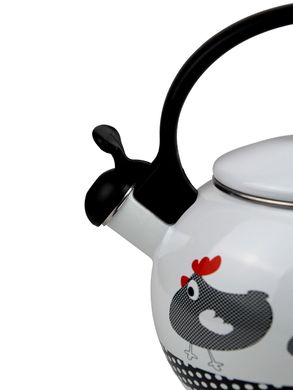 Чайник эмалированный со свистком с черной бакелитовой ручкой Kamille KM-1032 - 2,2 л, белый с рисунком "птички"