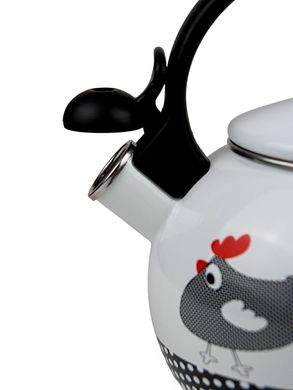 Чайник емальований зі свистком із чорною бакелітовою ручкою Kamille KM-1032 - 2,2 л, білий з малюнком "пташки"