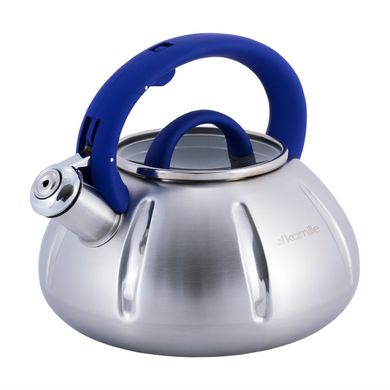 Чайник Kamille Синій 3л з нержавіючої сталі зі свистком і скляною кришкою для індукції KM-0671