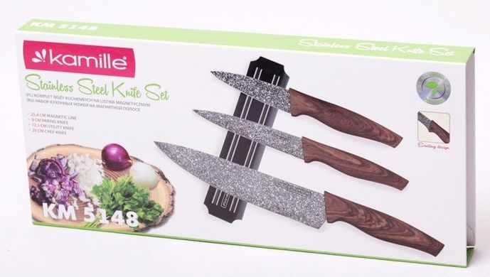 Набор кухонных ножей на магнитной планке Kamille KM-5148B - 4 предмета