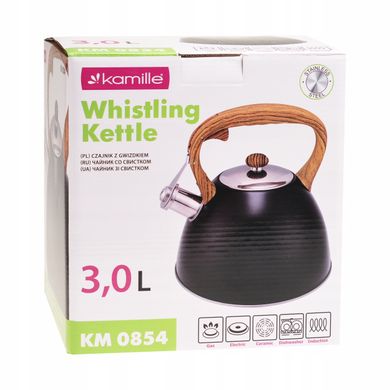 Чайник зі свистком і ручкою "soft touch" Kamille KM-0854 - 3 л, чорний