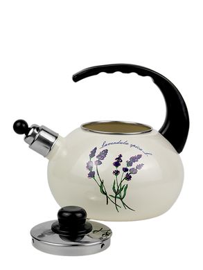 Чайник эмалированный со свистком с черной бакелитовой ручкой Kamille KM-1034 - 2,5 л, бежевый с рисунком "Лаванда"