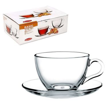 Набір скляних чашок із блюдцем Pasabahce Basic 97948 - 6 шт, 240 мл