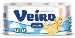Бумага туалетная Veiro "Classic" 2-слойная, 8шт., тиснение, белая