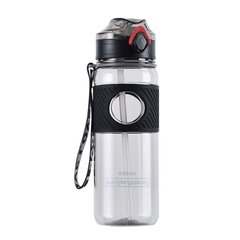 Бутылка для воды с трубочкой 800 мл прозрачная для напитков с дозатором и ремешком Черный