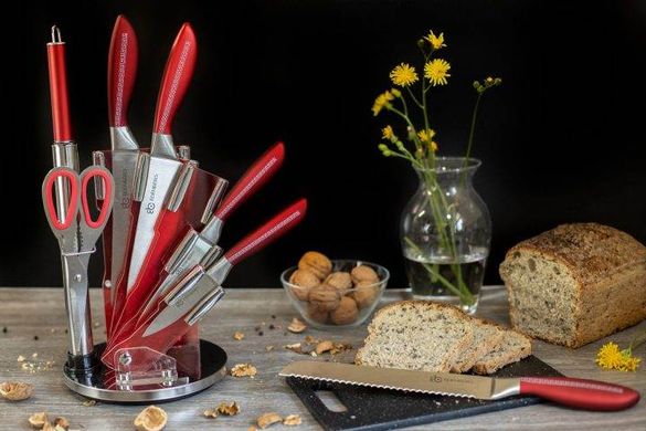 Набір ножів з топоріком, ножицями та мусатом Edenberg EB-911- 8 пр, червоний