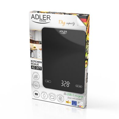 Ваги кухонні із зарядкою від USB Adler 3177 black USB - до 10 кг, чорні