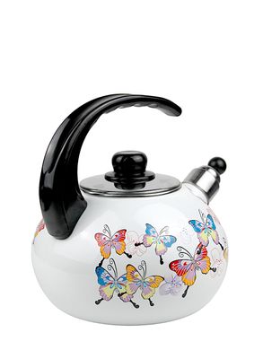 Чайник эмалированный со свистком с черной бакелитовой ручкой Kamille KM-1035 - 2,5 л, белый с рисунком "бабочки"