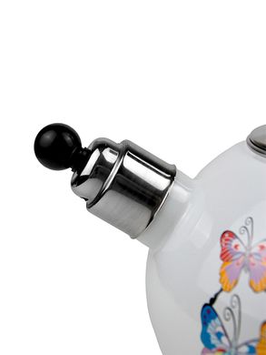 Чайник эмалированный со свистком с черной бакелитовой ручкой Kamille KM-1035 - 2,5 л, белый с рисунком "бабочки"