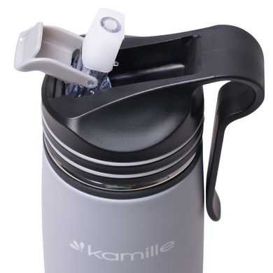 Спортивний термос-пляшка Kamille Сірий 500мл з нержавіючої сталі з трубочкою і кліпсою KM-2058