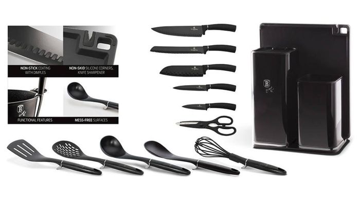 Набір кухонних речей та ножів з підставкою Berlinger Haus Metallic Line CARBON EDITION BH-2548 — 12 предметів